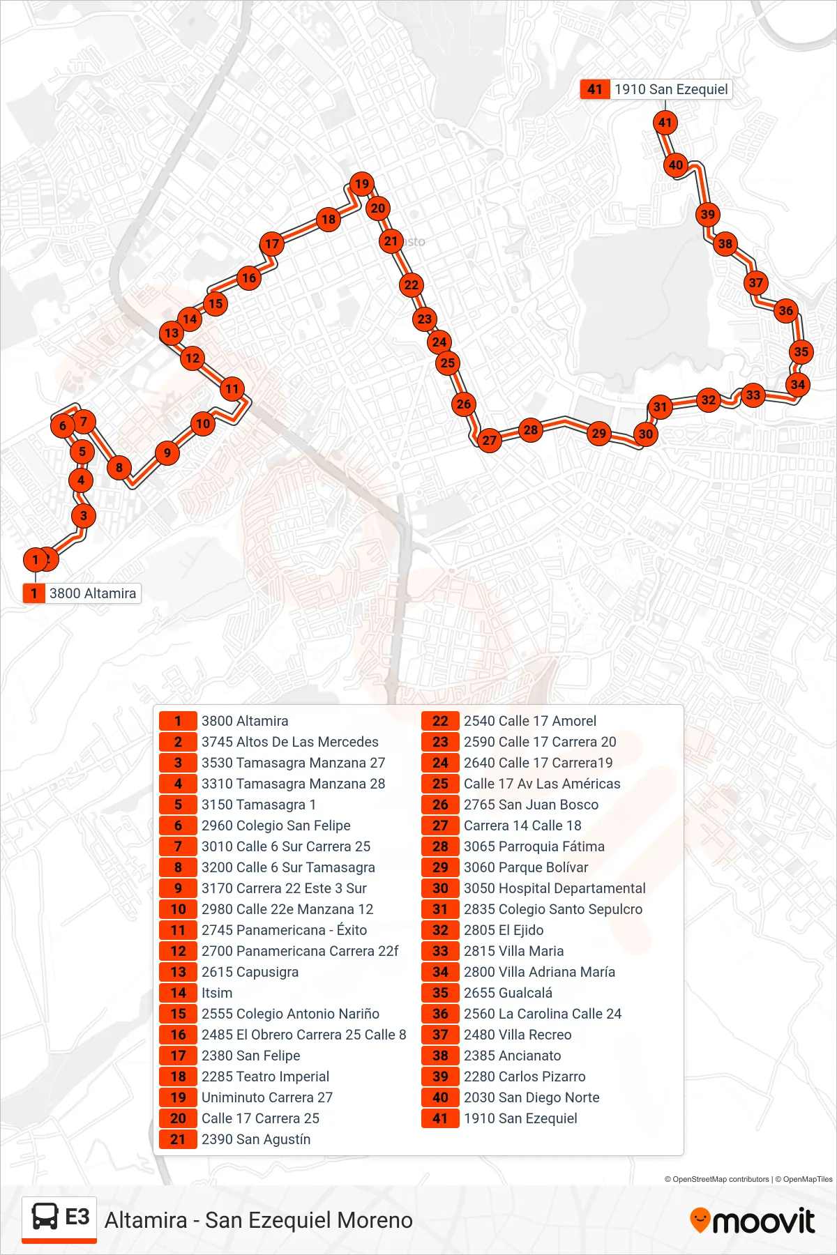 E3 bus Line (Altamira - San Ezequiel Moreno) route and stops on a map