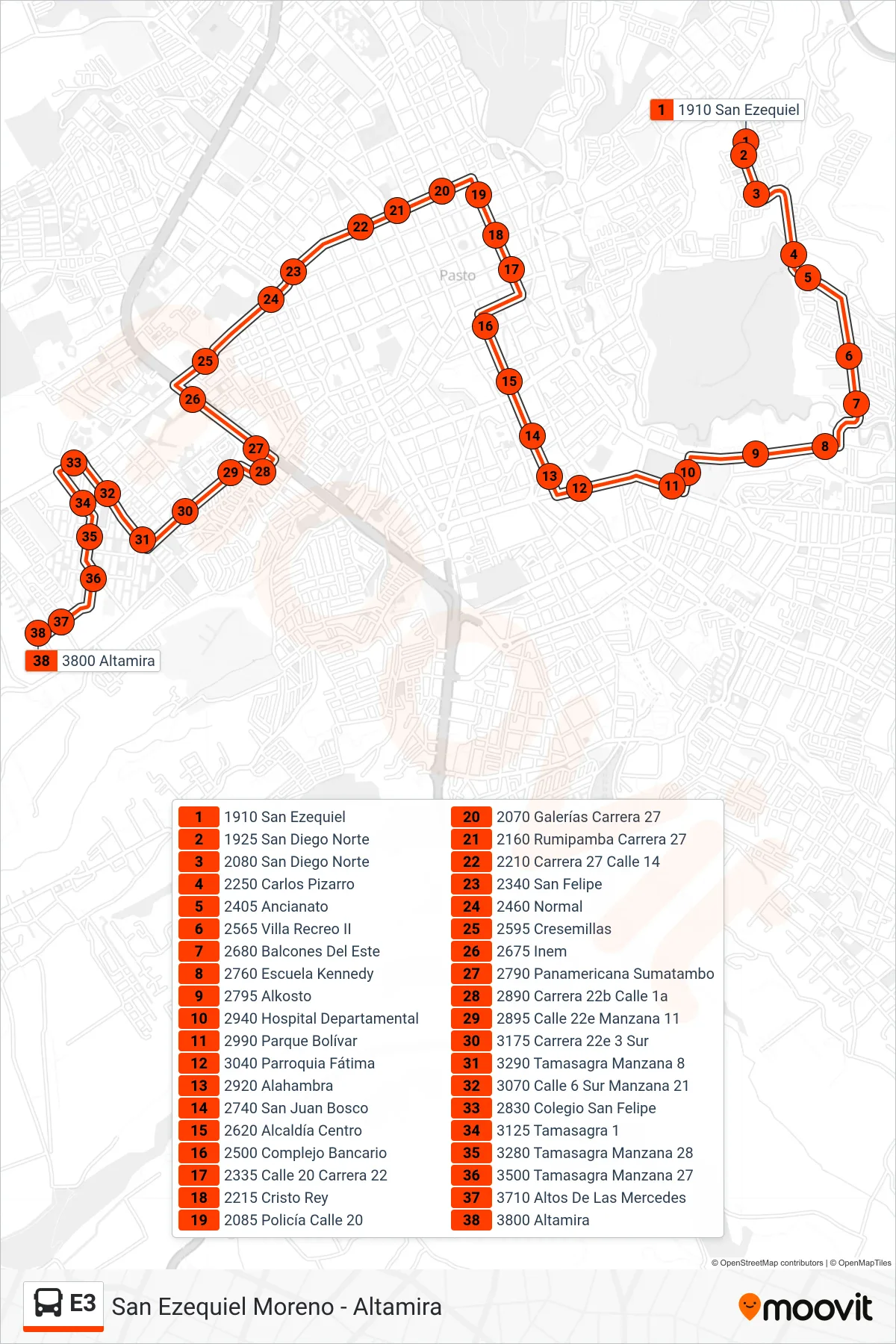 E3 bus Line (San Ezequiel Moreno - Altamira) route and stops on a map