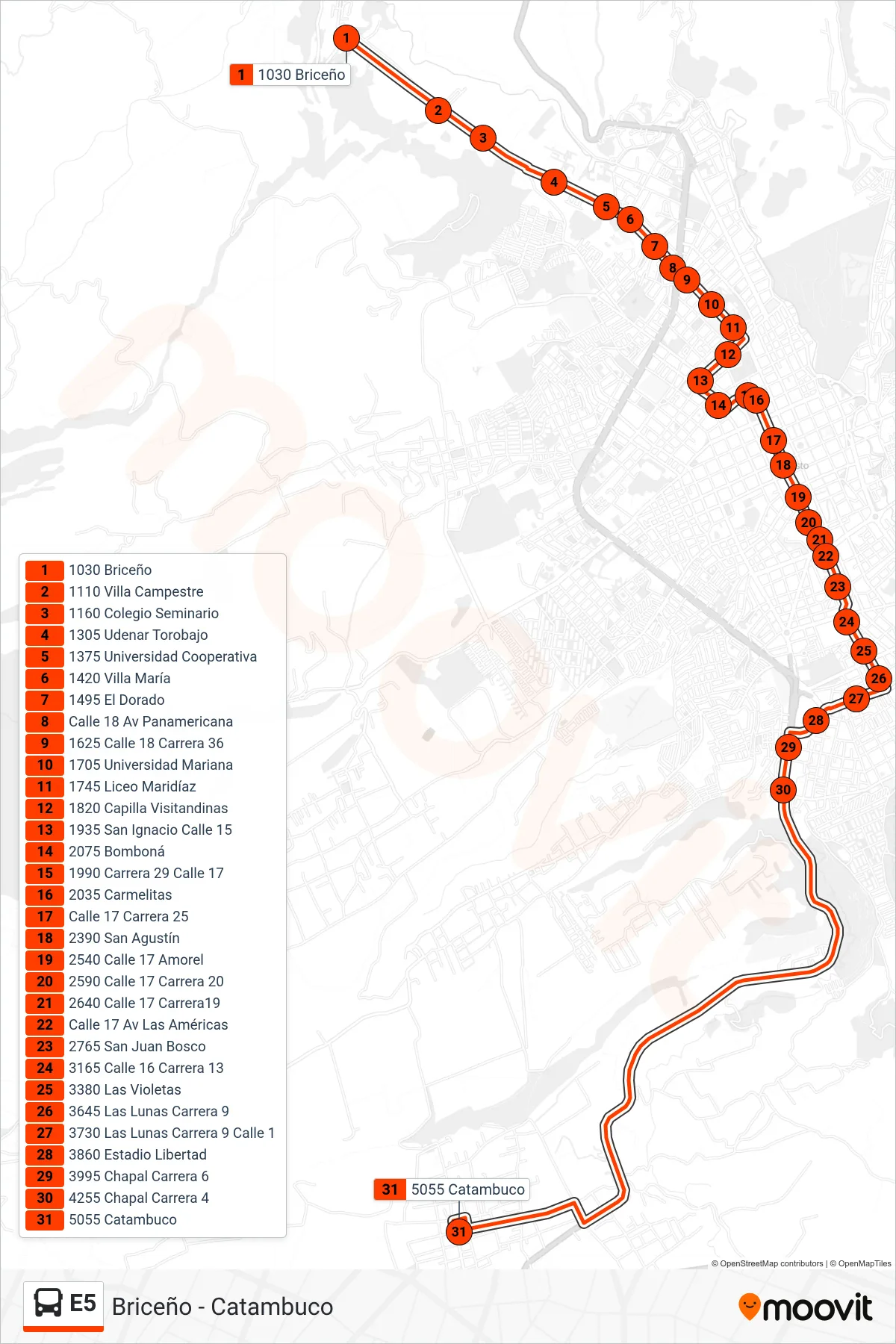 Recorrido y paradas de la línea E5 de autobús (Briceño - Catambuco) en el mapa