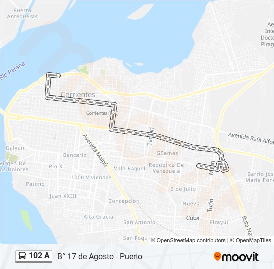 Mapa de 102 A de autobús