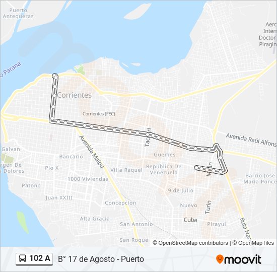 Mapa de 102 A de autobús