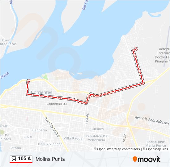 Mapa de 105 A de autobús