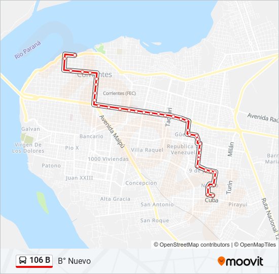 Mapa de 106 B de autobús