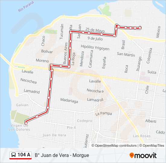 Mapa de 104 A de autobús