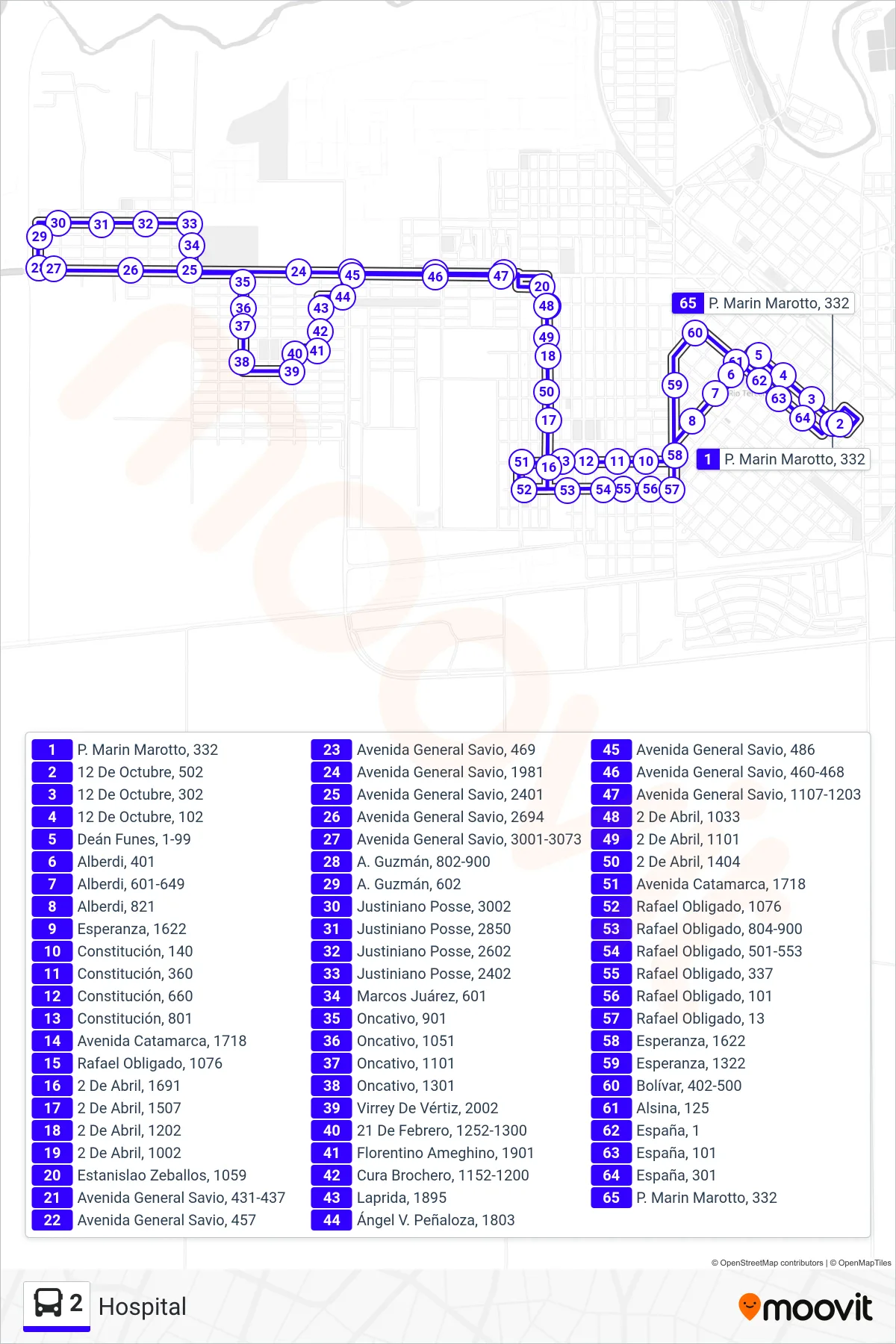 Recorrido y paradas de la línea 2 de autobús (Hospital) en el mapa