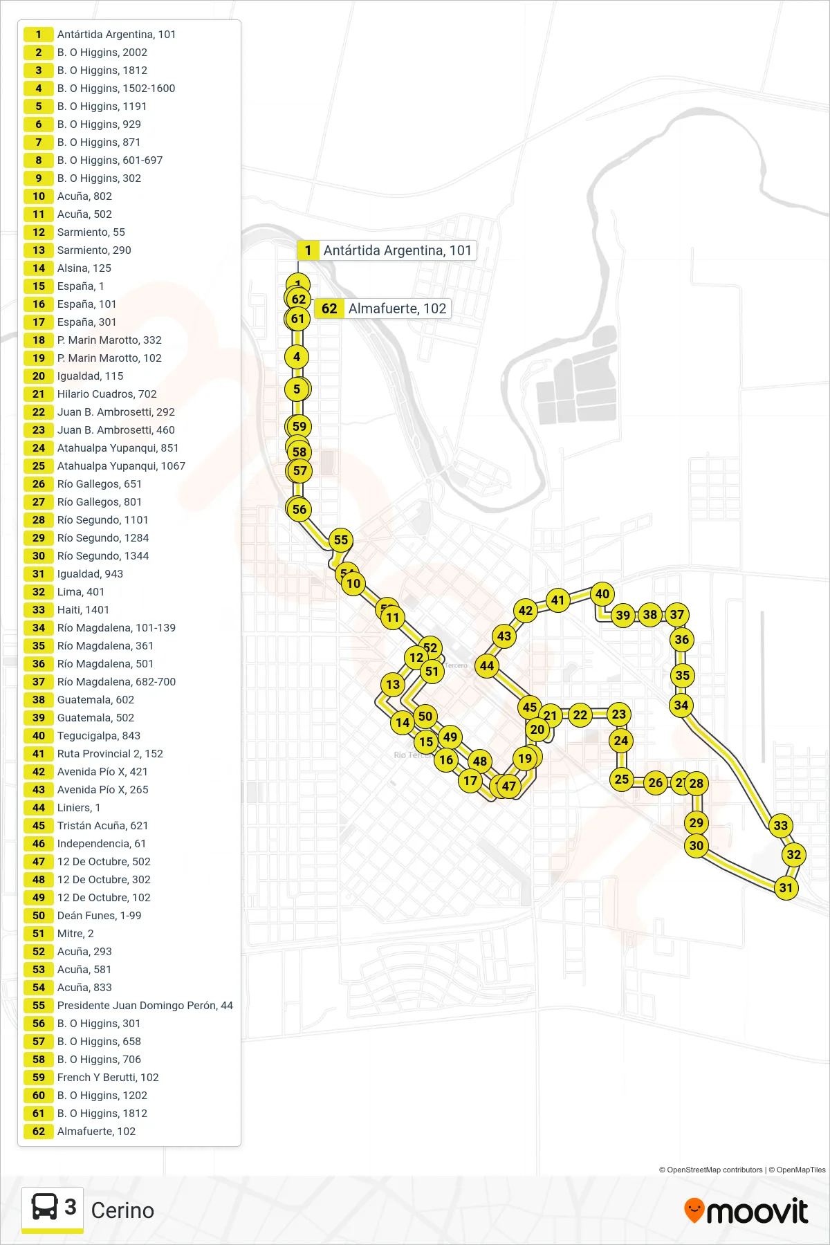 Recorrido y paradas de la línea 3 de autobús (Cerino) en el mapa