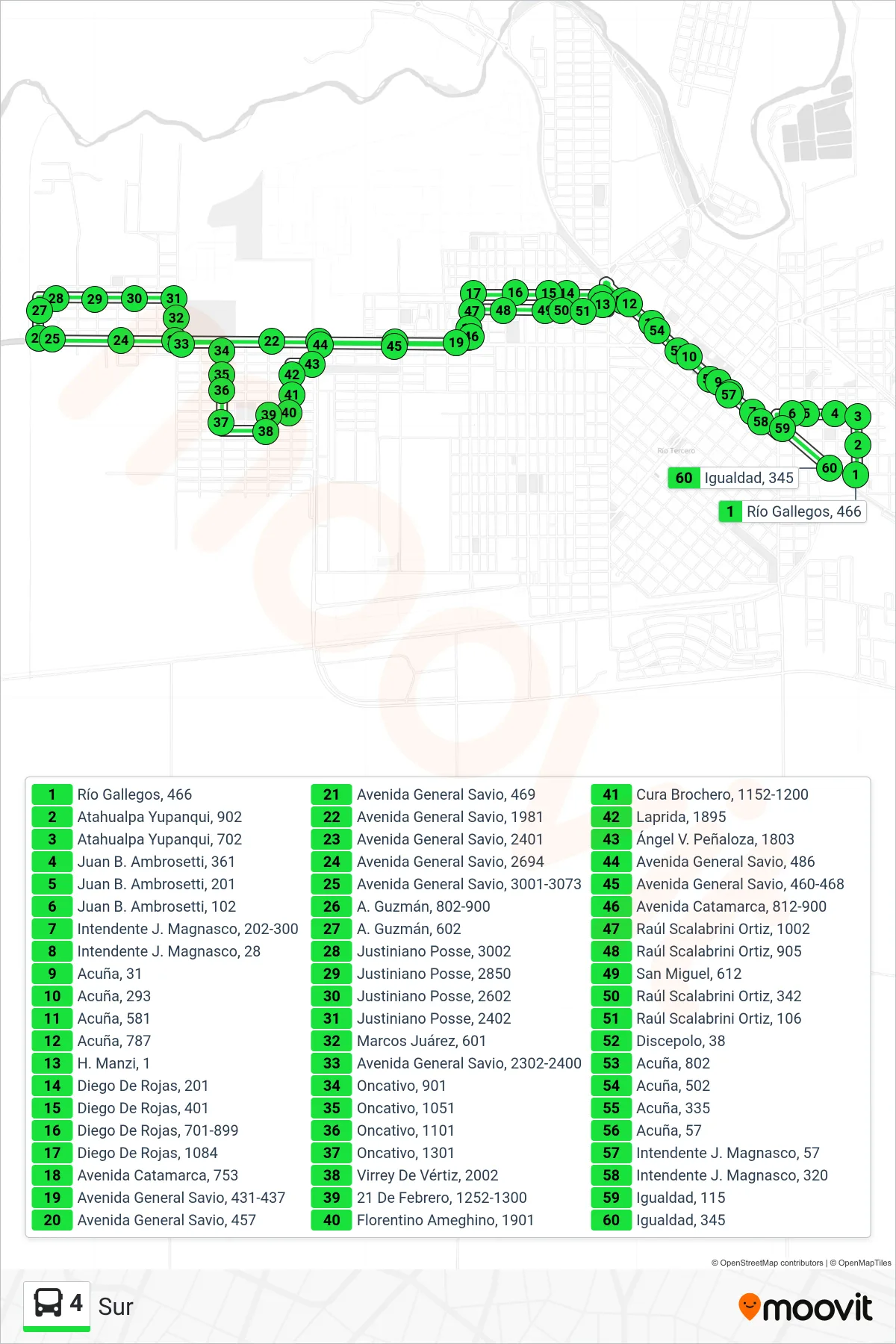 Recorrido y paradas de la línea 4 de autobús (Sur) en el mapa
