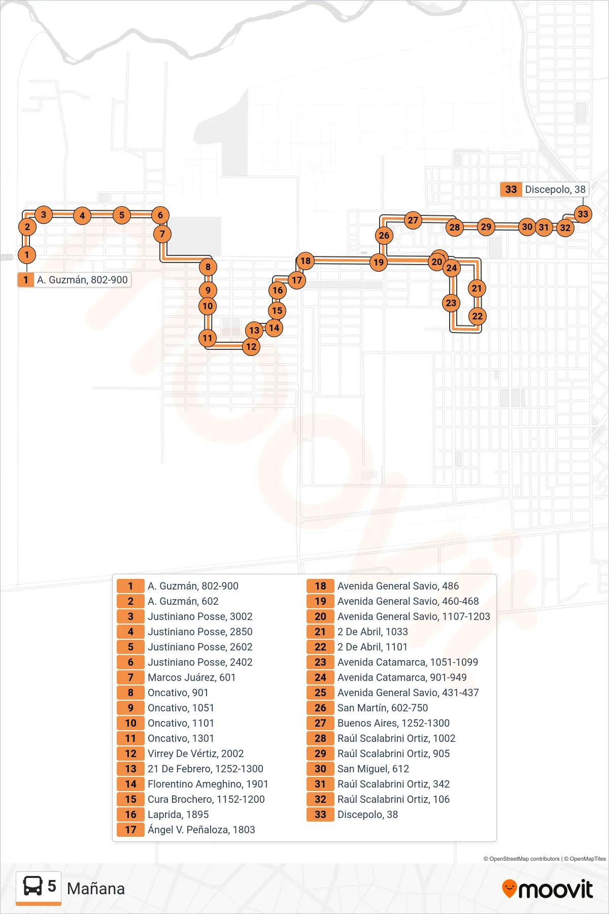 Recorrido y paradas de la línea 5 de autobús (Mañana) en el mapa