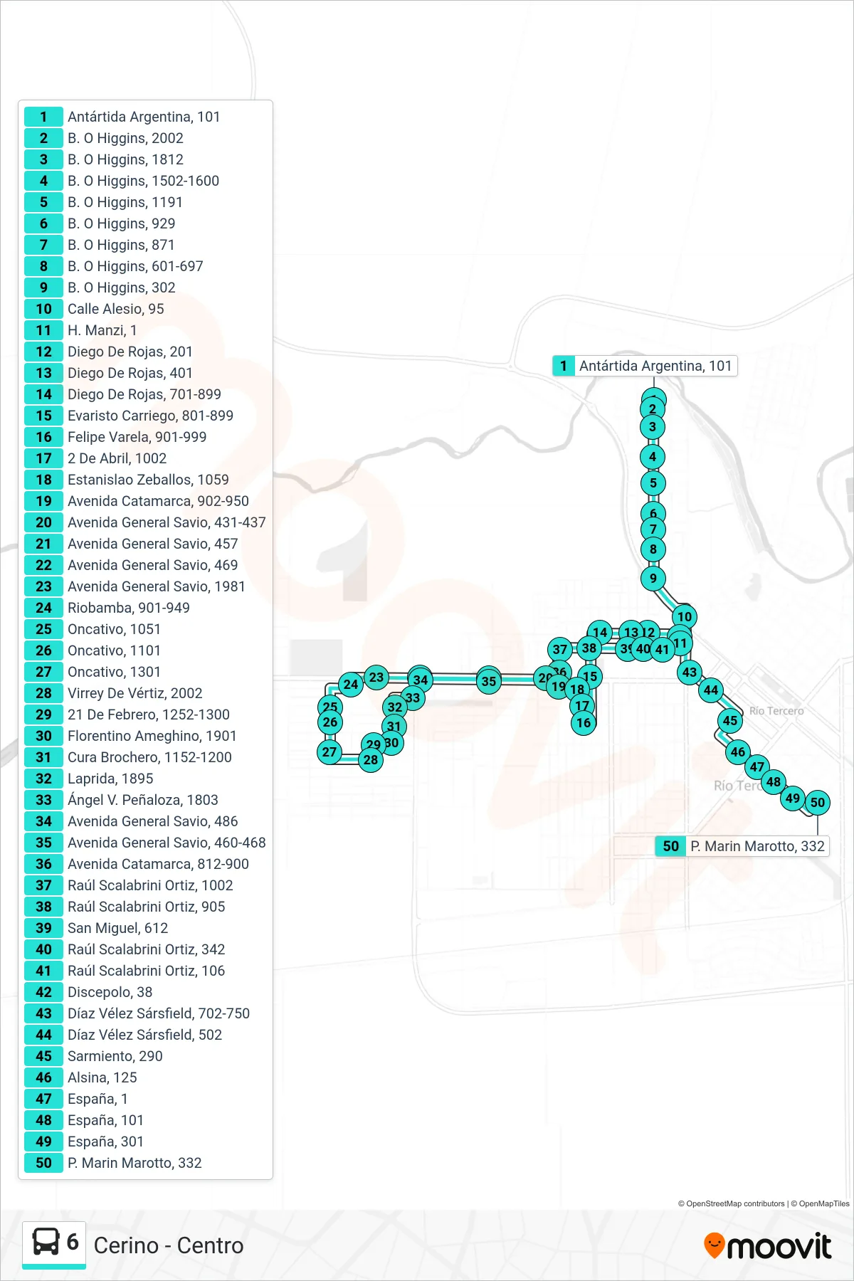 Recorrido y paradas de la línea 6 de autobús (Cerino - Centro) en el mapa