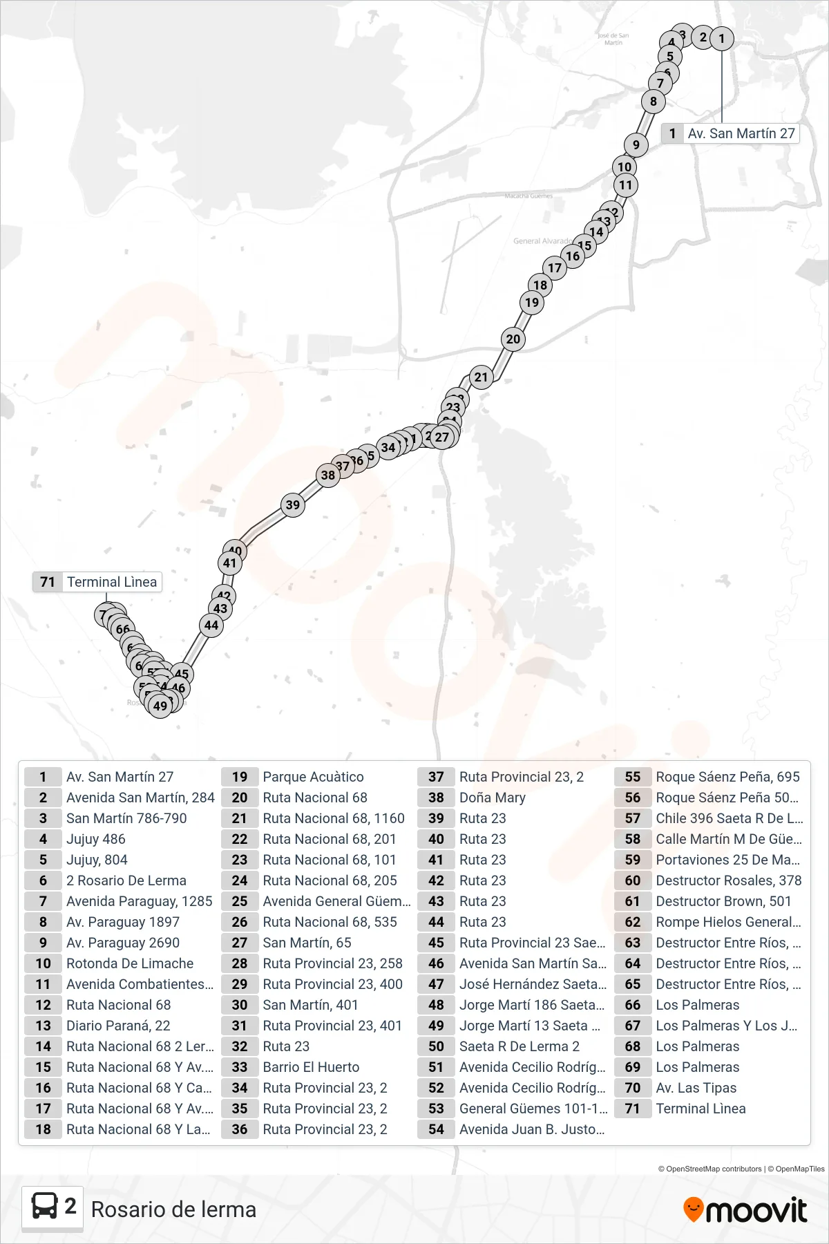 2 bus Line (Rosario De  Lerma) route and stops on a map