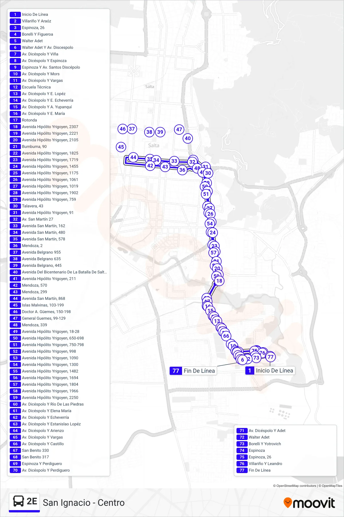 2E bus Line (San Ignacio - Centro) route and stops on a map