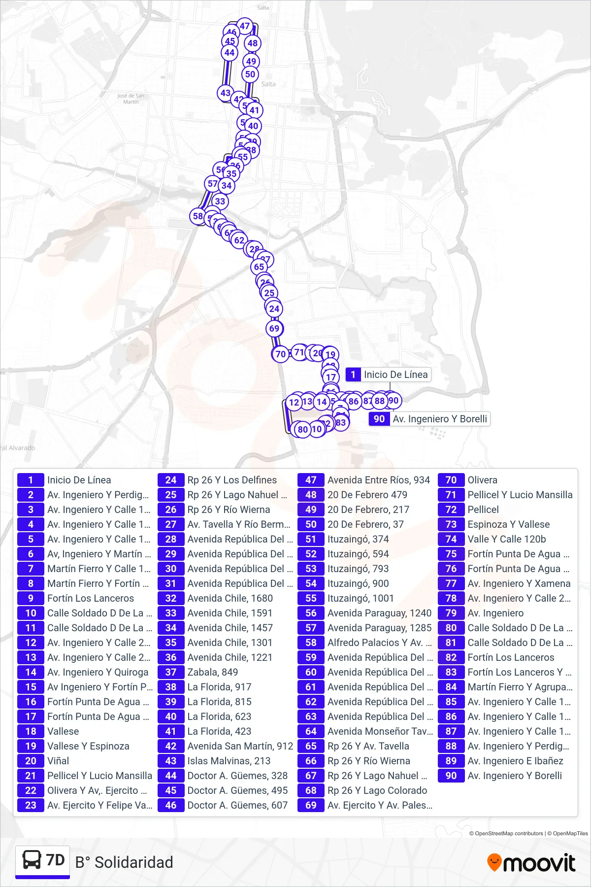 7D bus Line (Centro - B° Solidaridad) route and stops on a map
