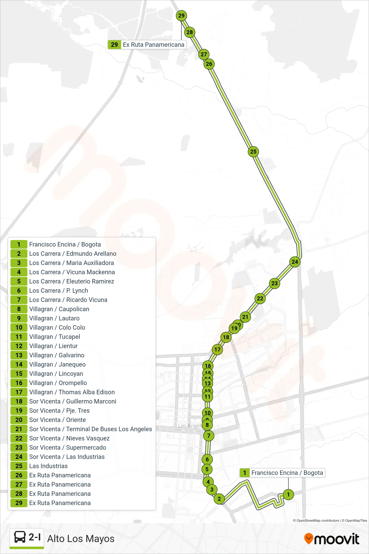 2-I bus Line (Alto Los Mayos) route and stops on a map
