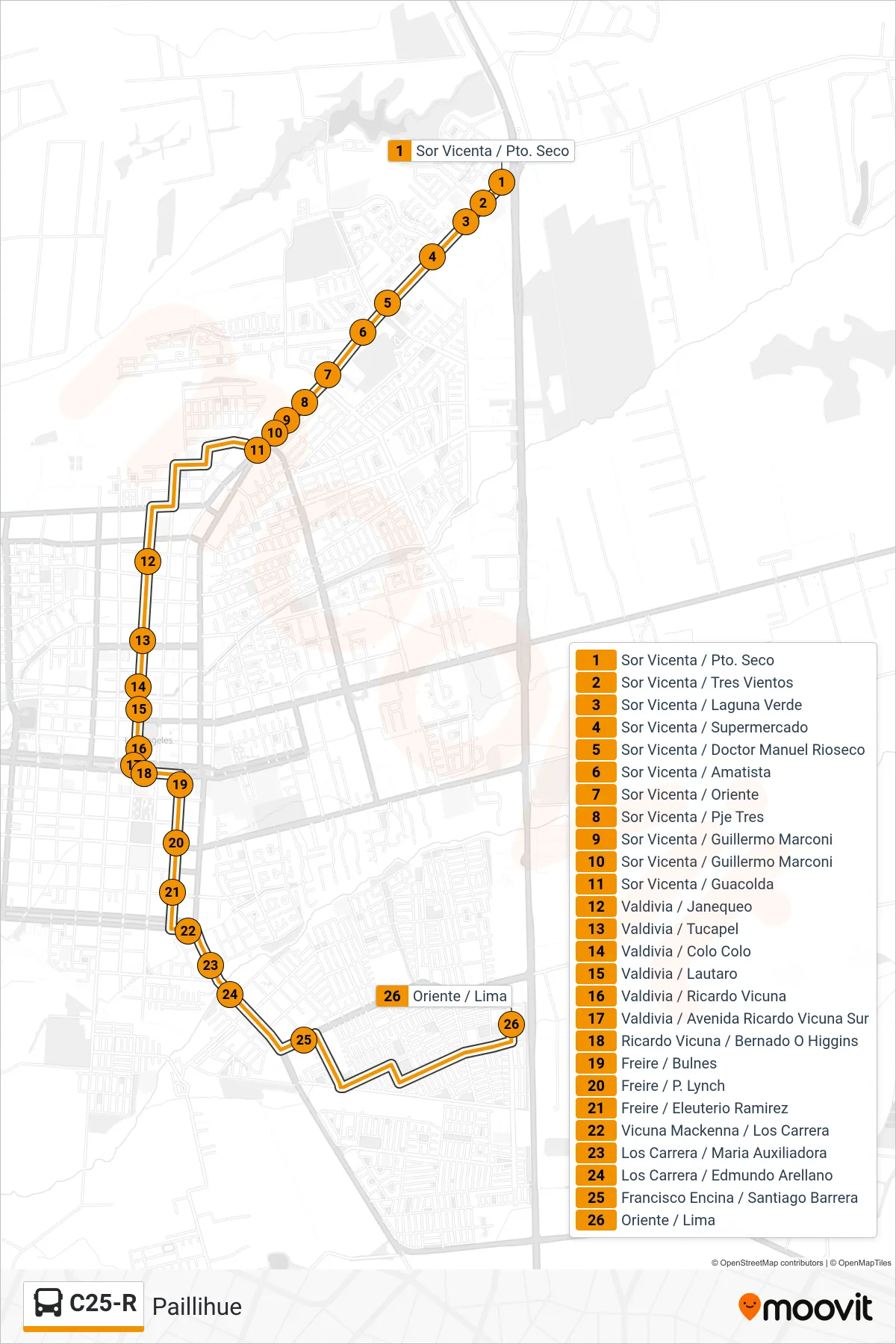 C25-R bus Line (Paillihue) route and stops on a map