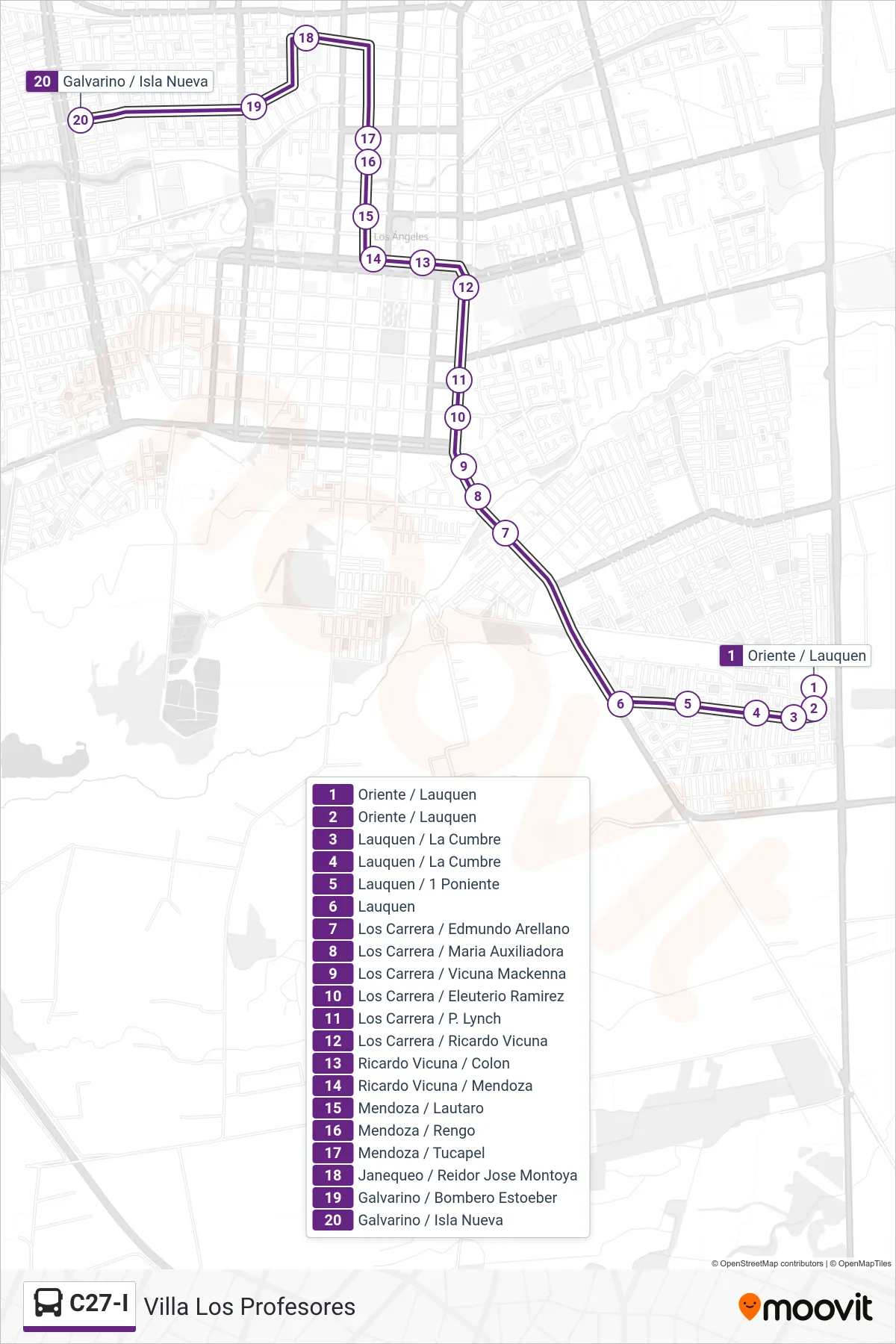C27-I bus Line (Villa Los Profesores) route and stops on a map