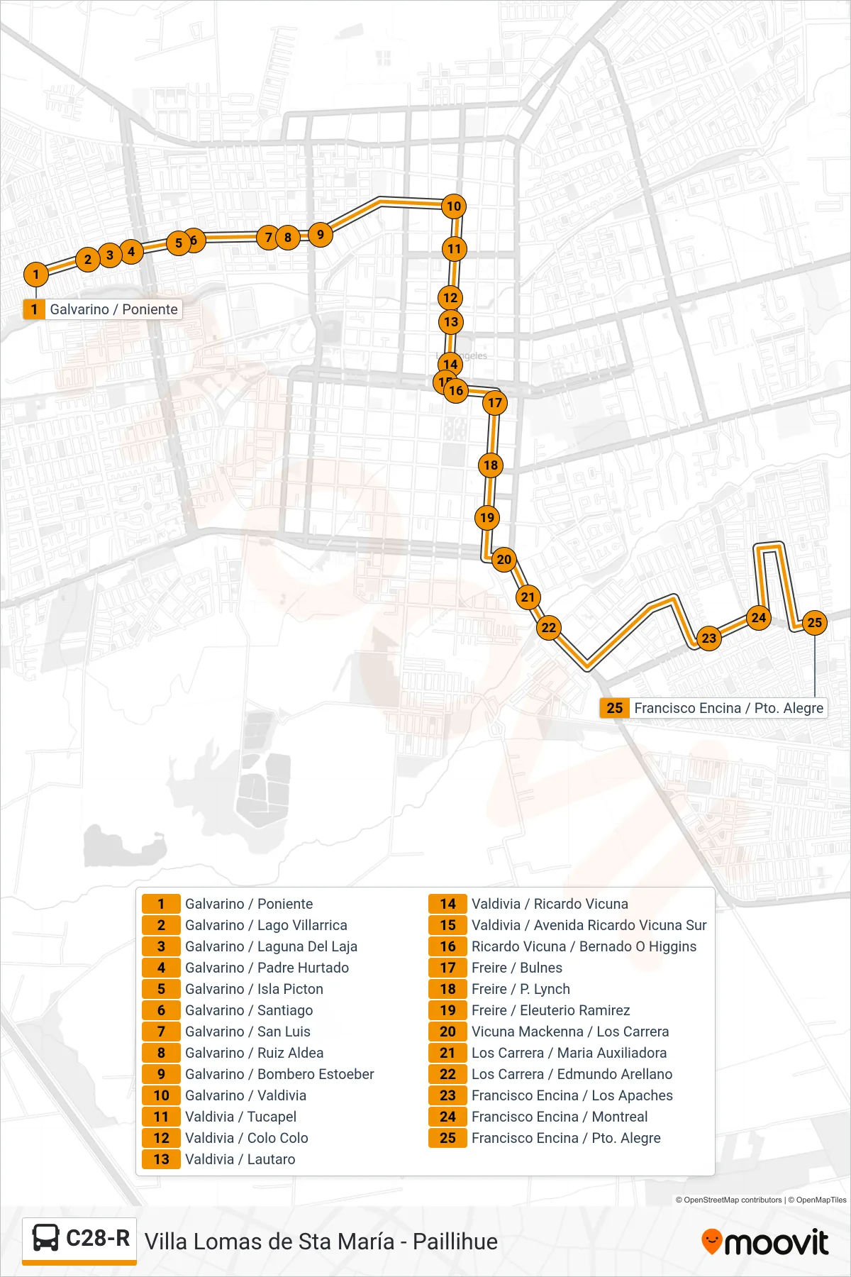 C28-R bus Line (Paillihue) route and stops on a map