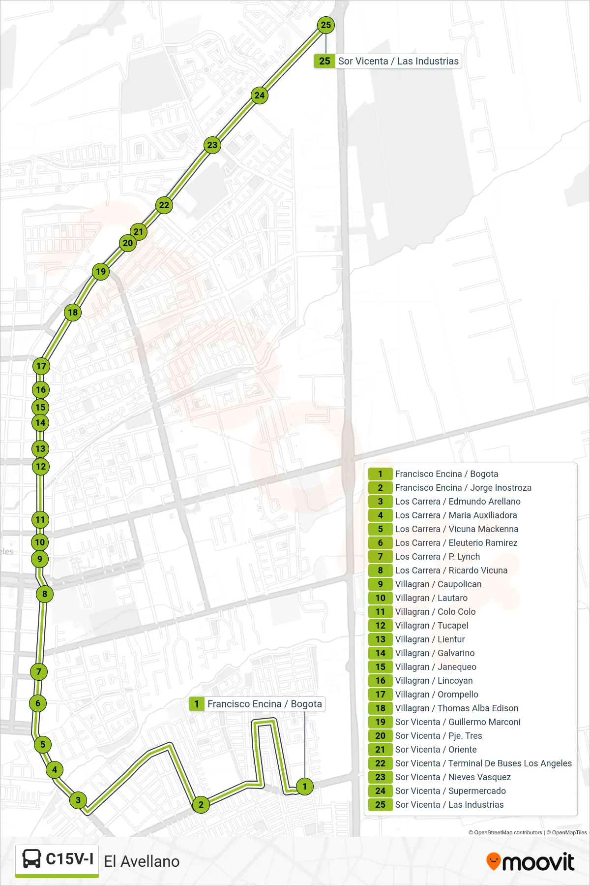 C15V-I bus Line (El Avellano) route and stops on a map