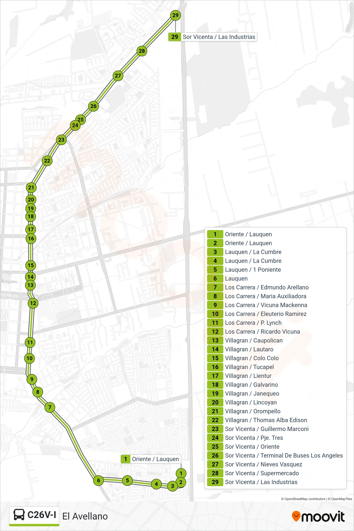 C26V-I bus Line (El Avellano) route and stops on a map