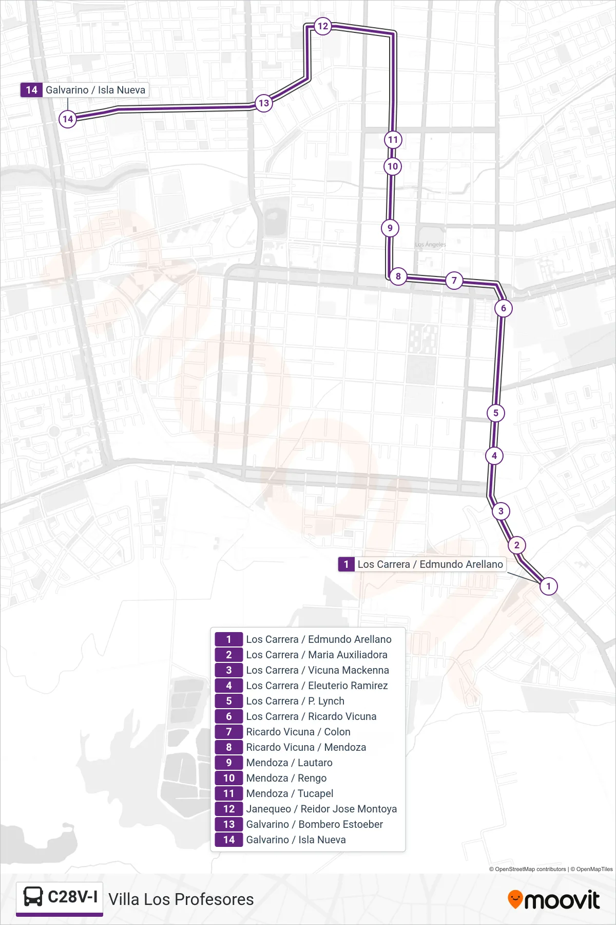 C28V-I bus Line (Villa Los Profesores) route and stops on a map