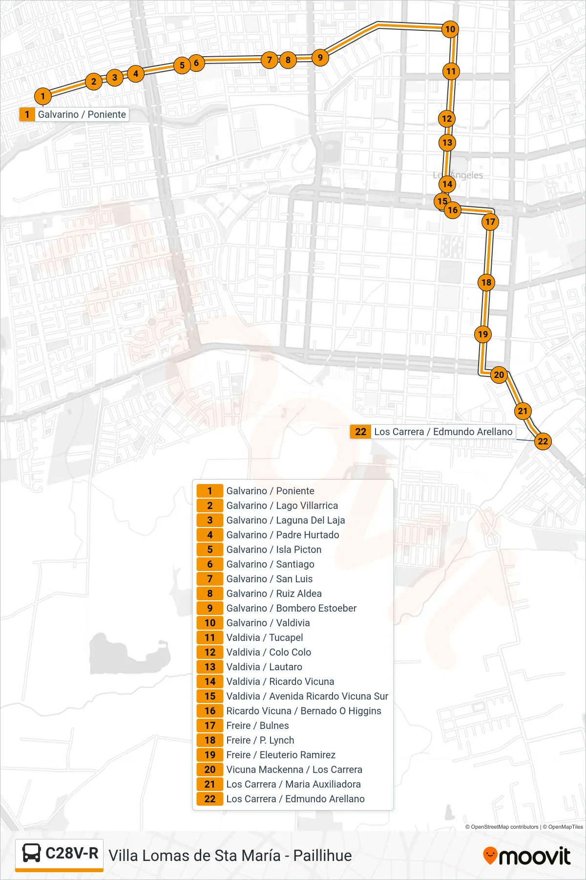 C28V-R bus Line (Paillihue) route and stops on a map