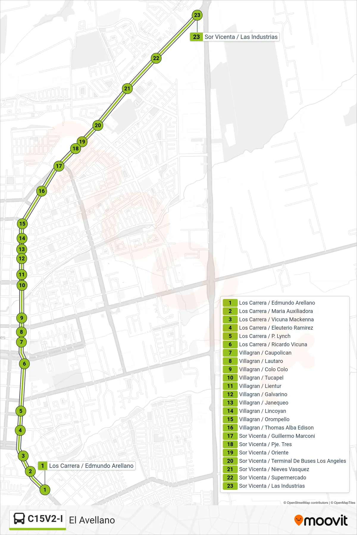 C15V2-I bus Line (El Avellano) route and stops on a map