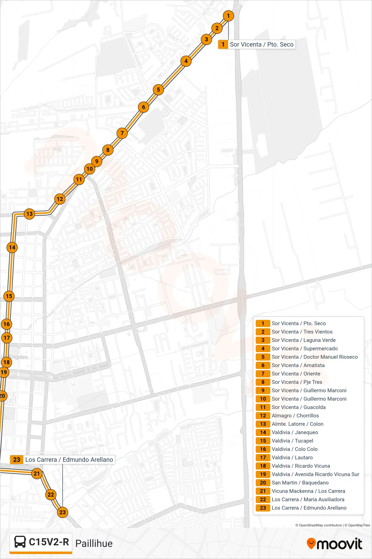 C15V2-R bus Line (Paillihue) route and stops on a map