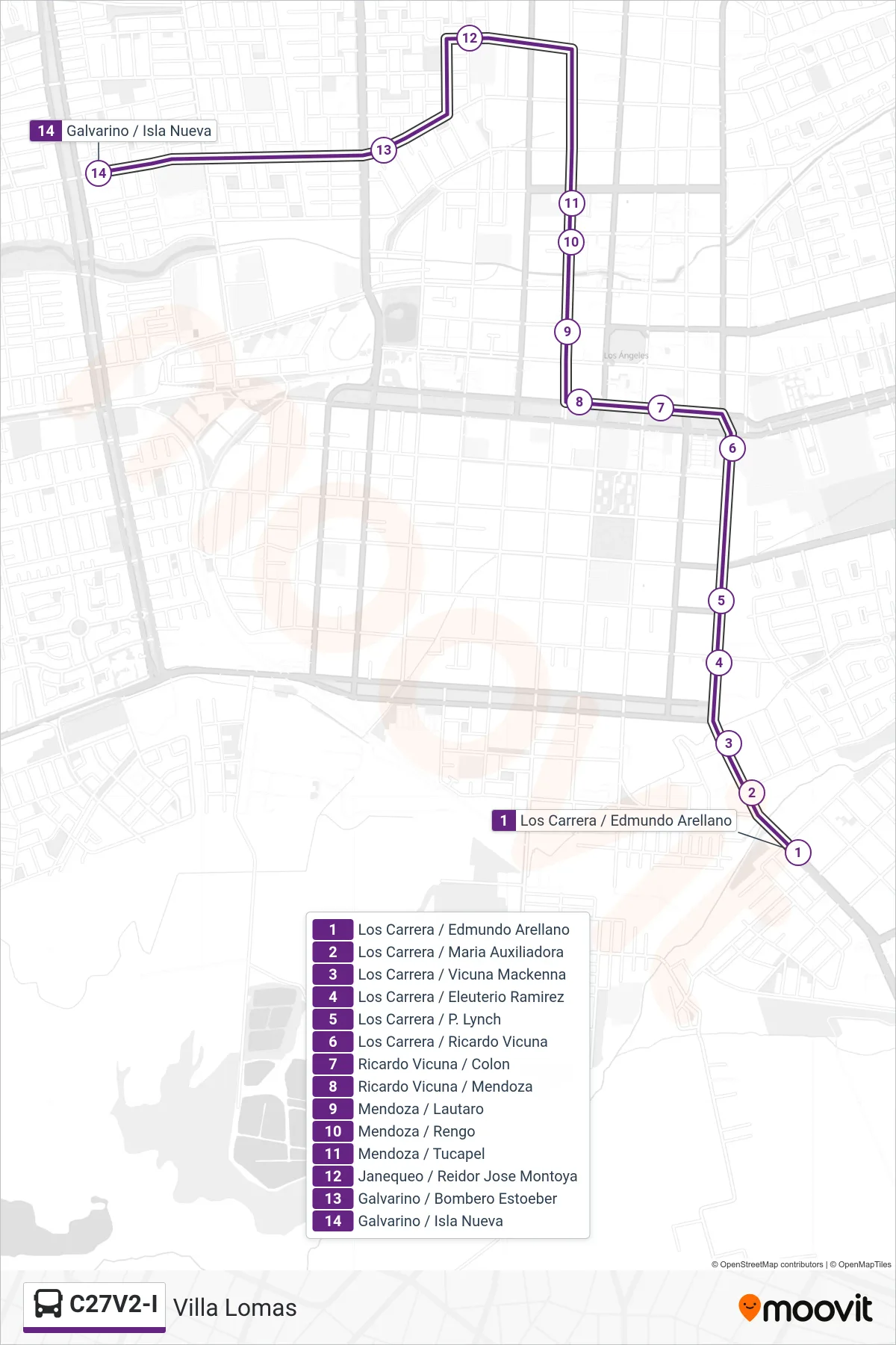 C27V2-I bus Line (Villa Lomas) route and stops on a map