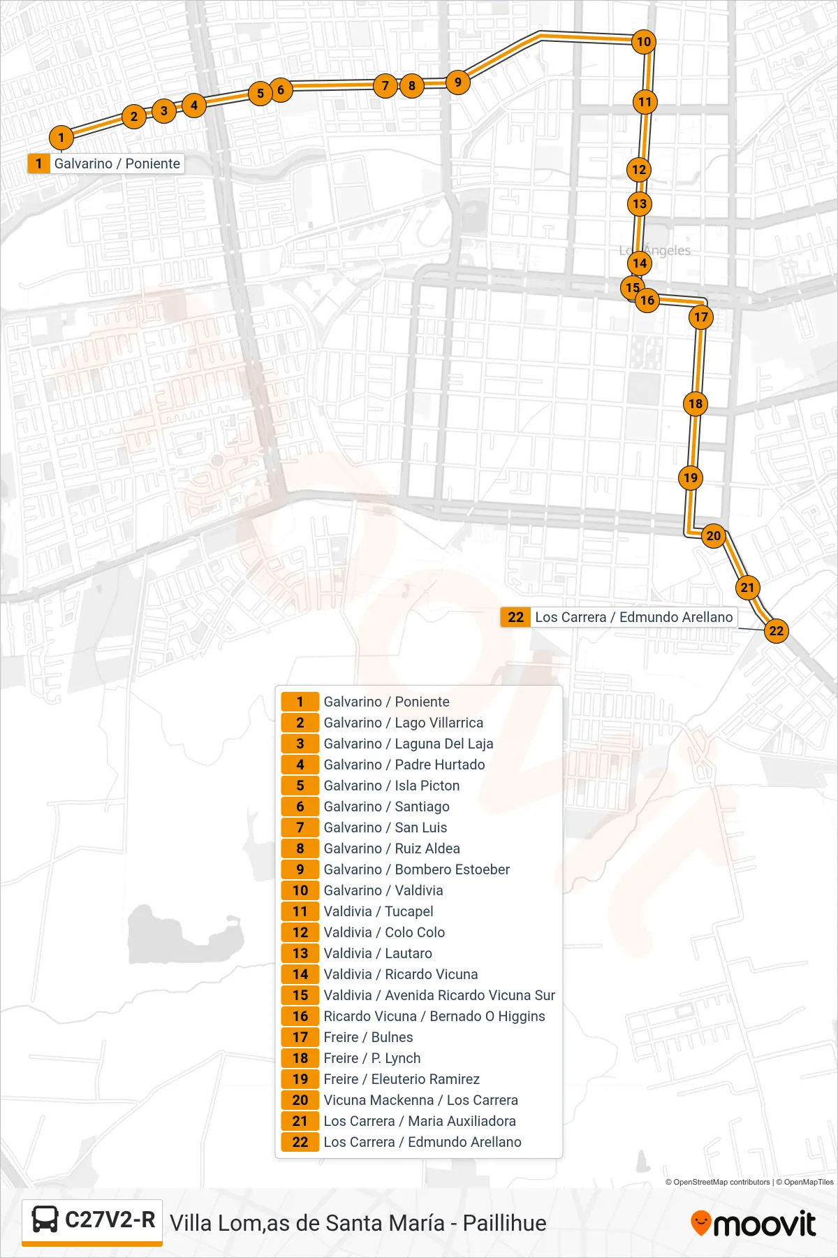 C27V2-R bus Line (Paillihue) route and stops on a map