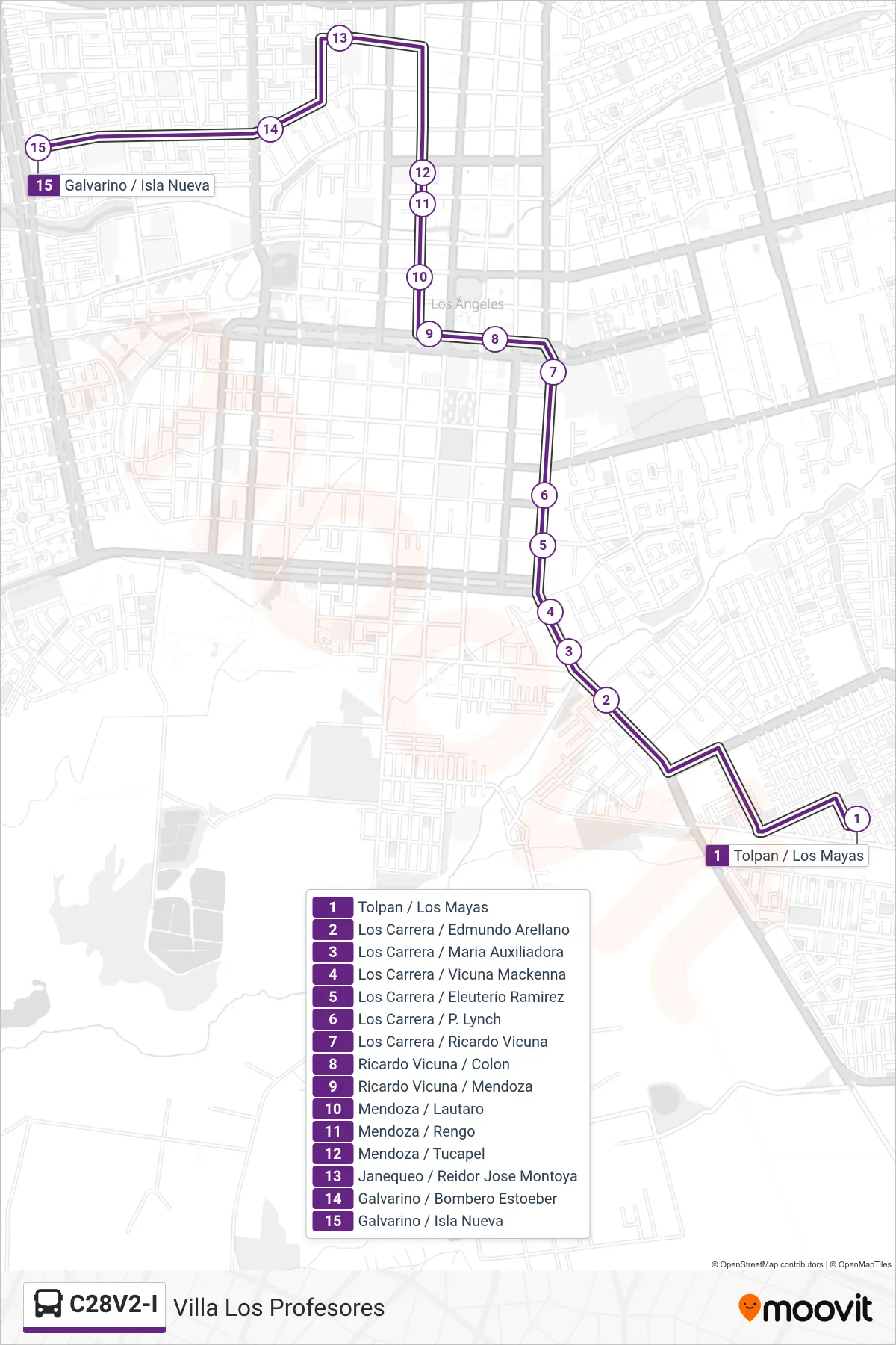 C28V2-I bus Line (Villa Los Profesores) route and stops on a map