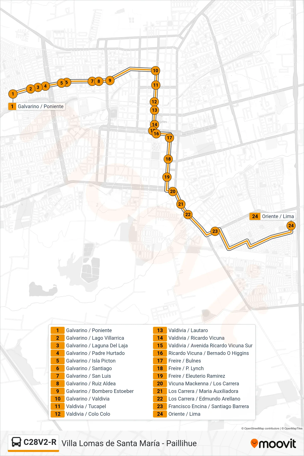 C28V2-R bus Line (Paillihue) route and stops on a map