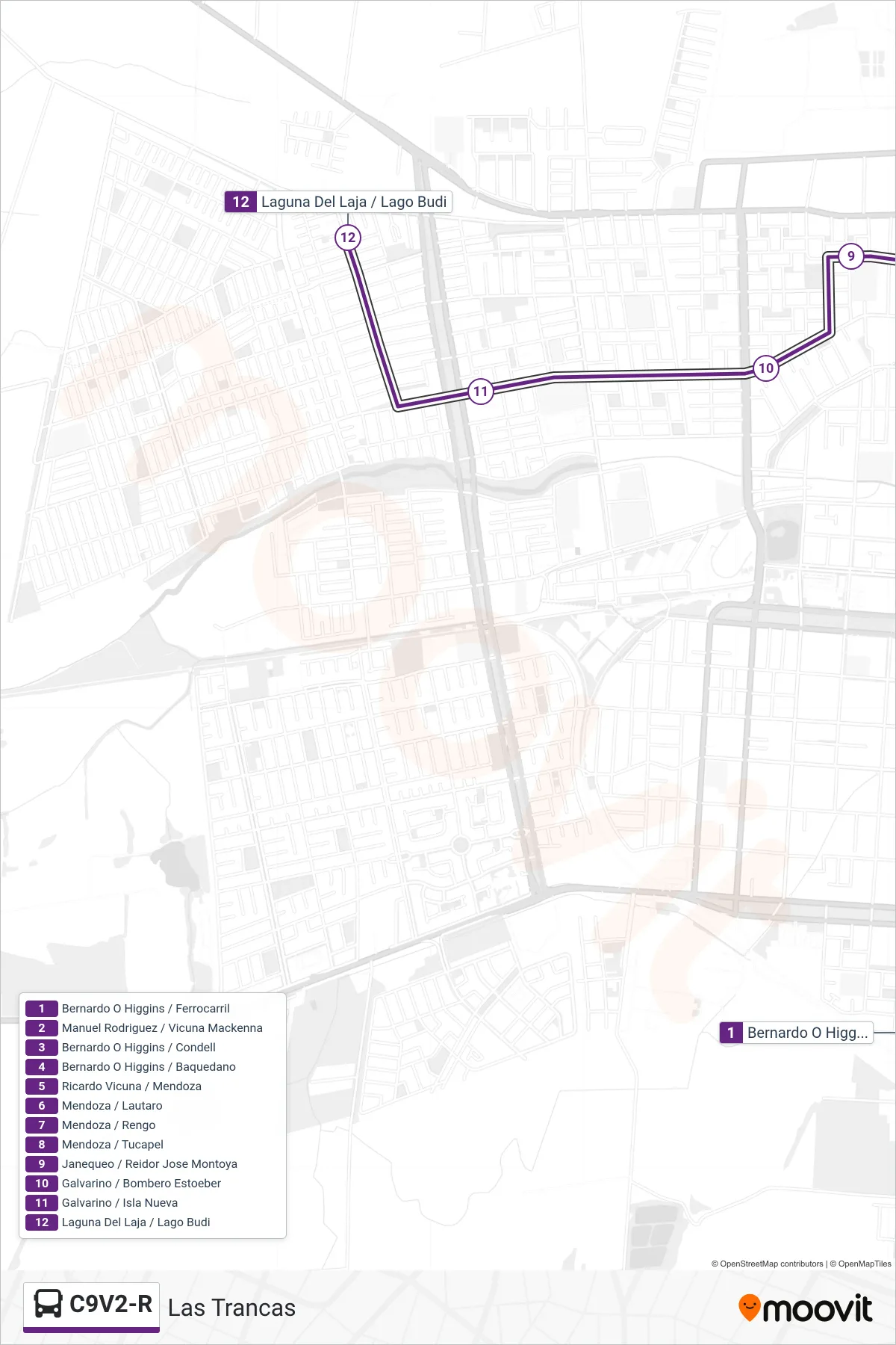 C9V2-R bus Line (Las Trancas) route and stops on a map
