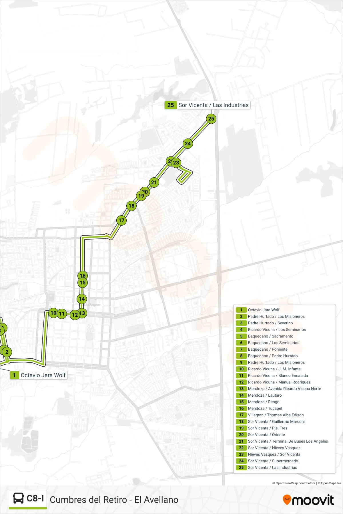 C8-I bus Line (El Avellano) route and stops on a map