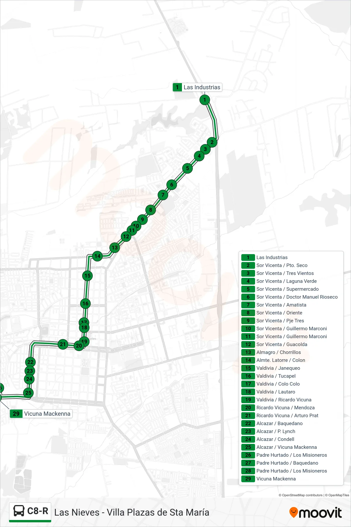 C8-R bus Line (Villa Plazas De Sta María) route and stops on a map