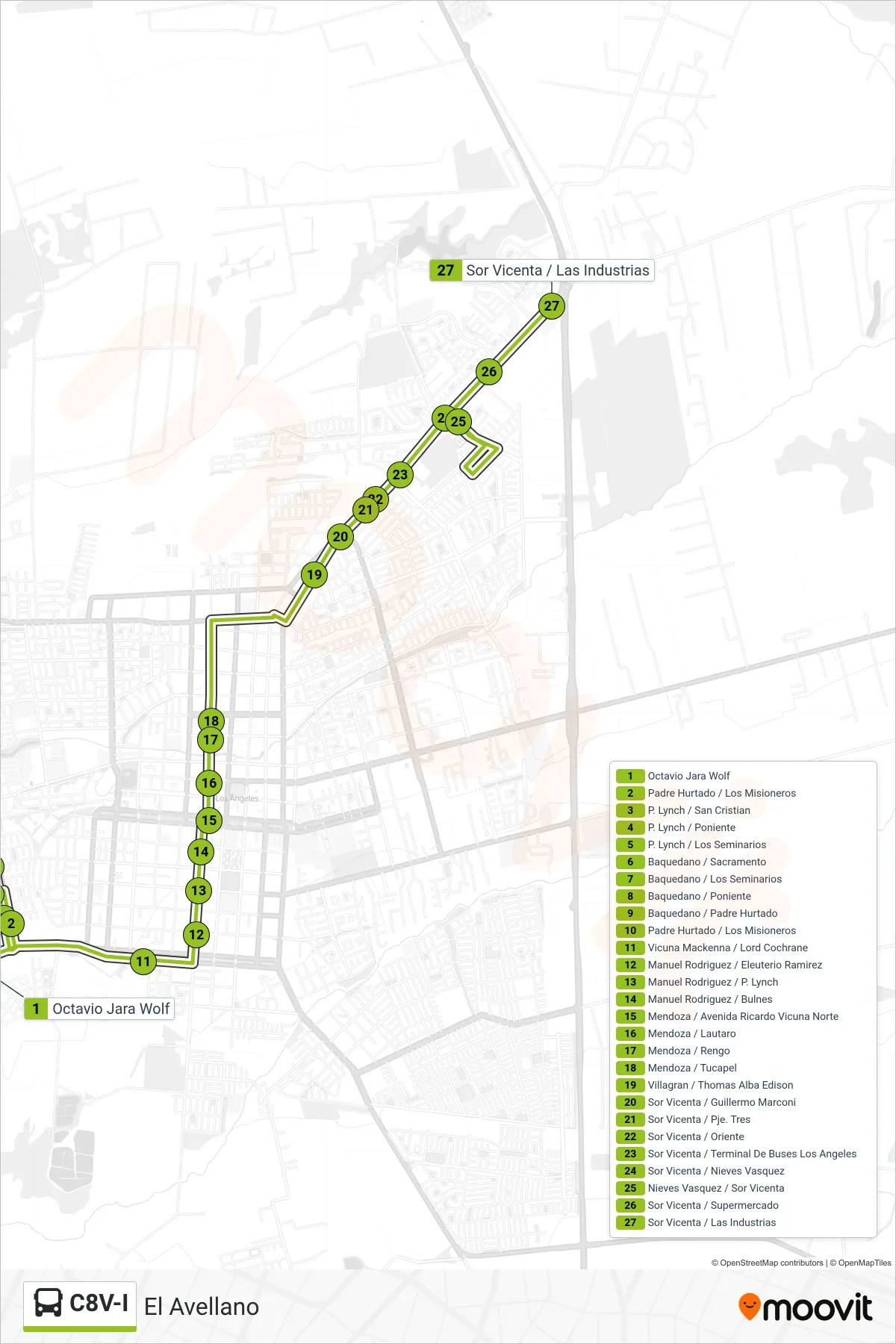 C8V-I bus Line (El Avellano) route and stops on a map