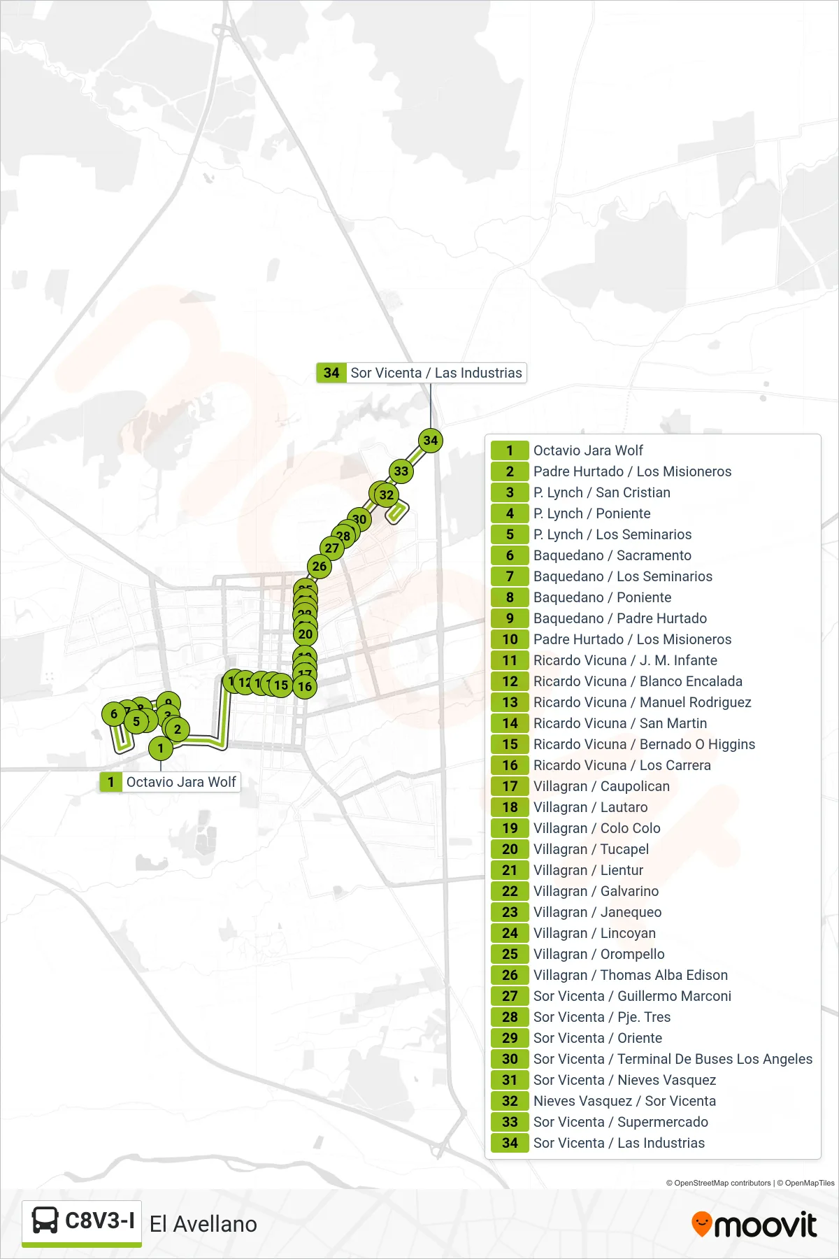 C8V3-I bus Line (El Avellano) route and stops on a map