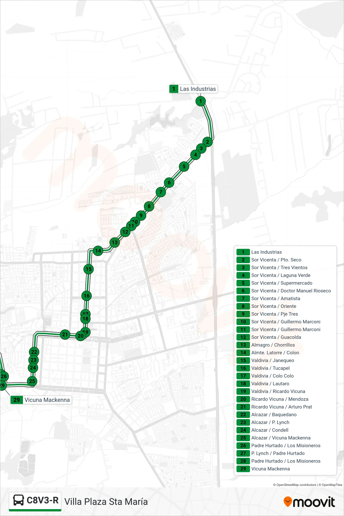 C8V3-R bus Line (Villa Plaza Sta María) route and stops on a map