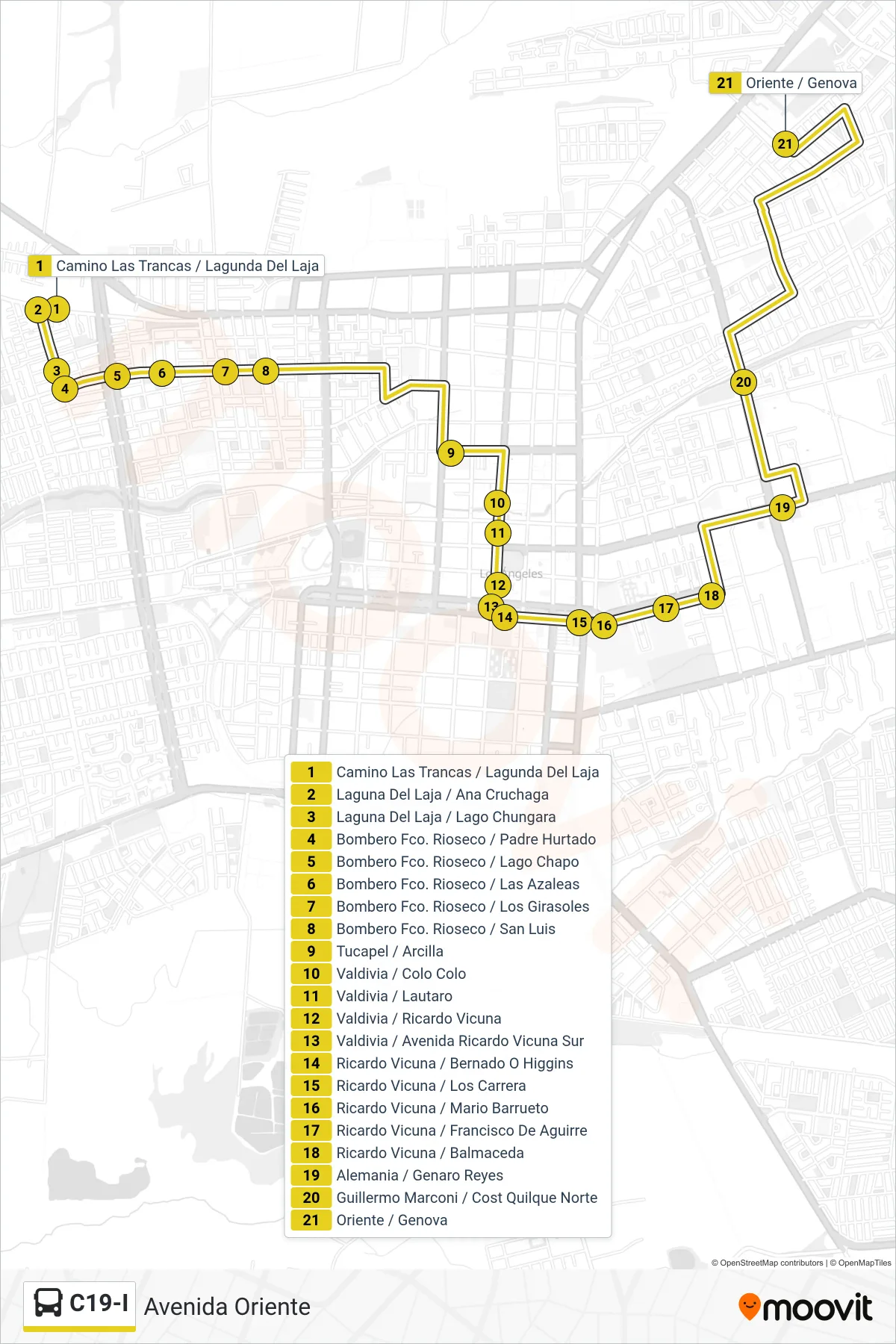 Recorrido y paradas de la línea C19-I de autobús (Avenida Oriente) en el mapa
