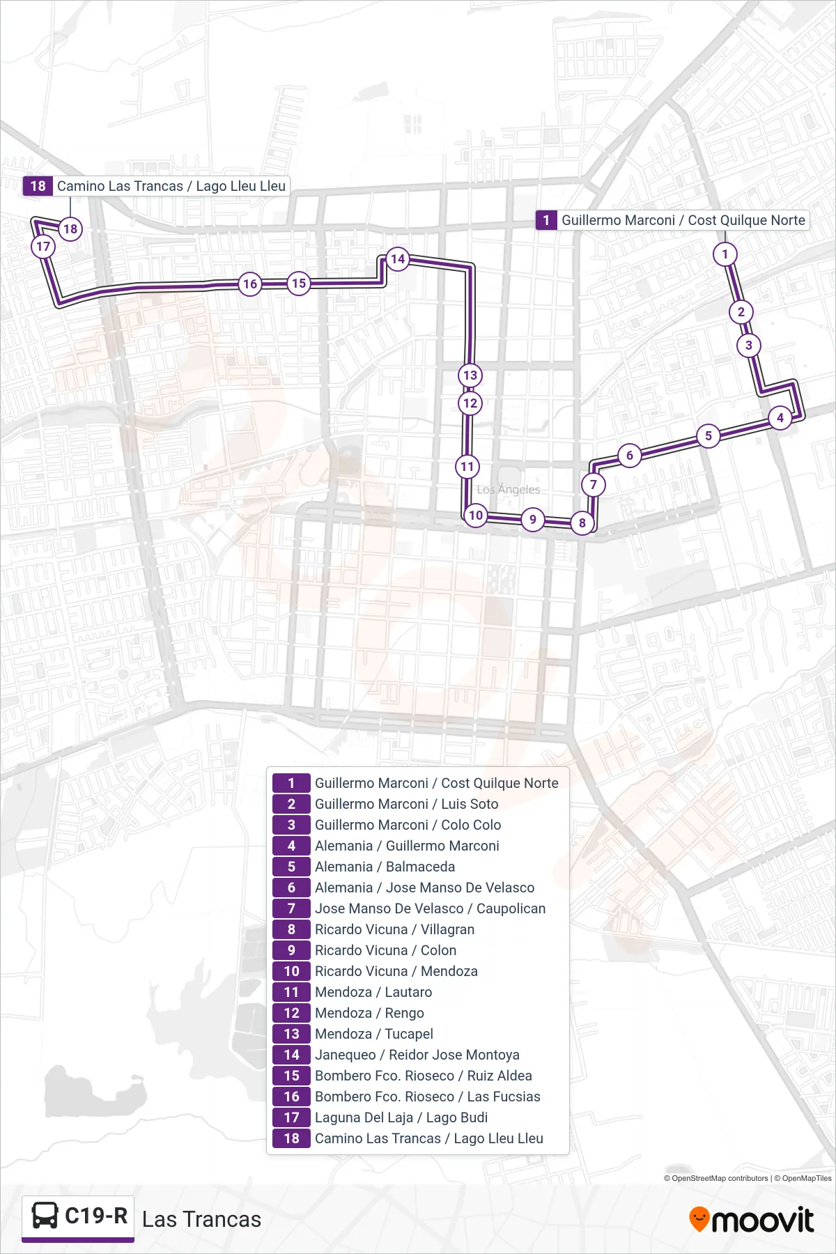 C19-R bus Line (Las Trancas) route and stops on a map