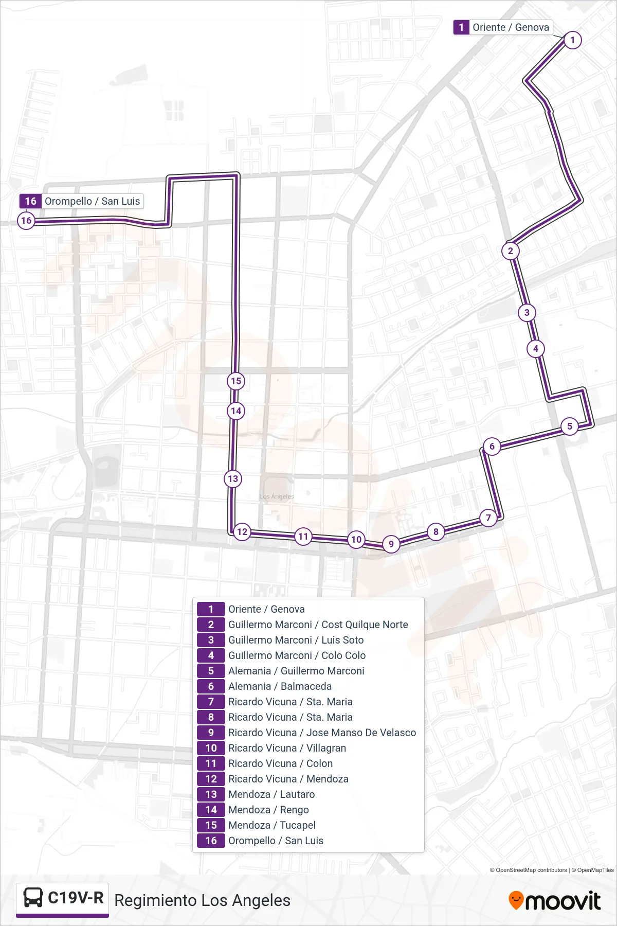 C19V-R bus Line (Regimiento Los Angeles) route and stops on a map