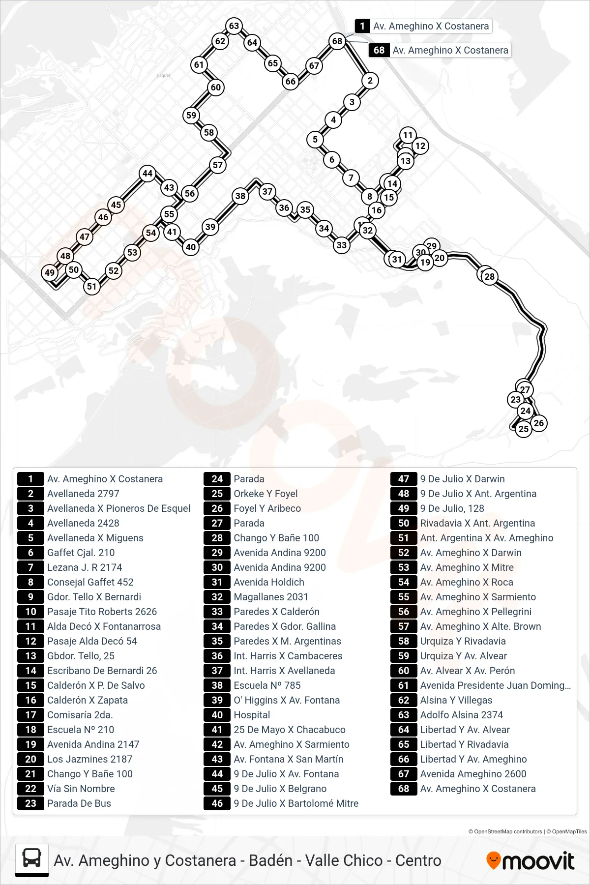 2/3 bus Line (Av. Ameghino y Costanera - Badén - Valle Chico - Centro) route and stops on a map