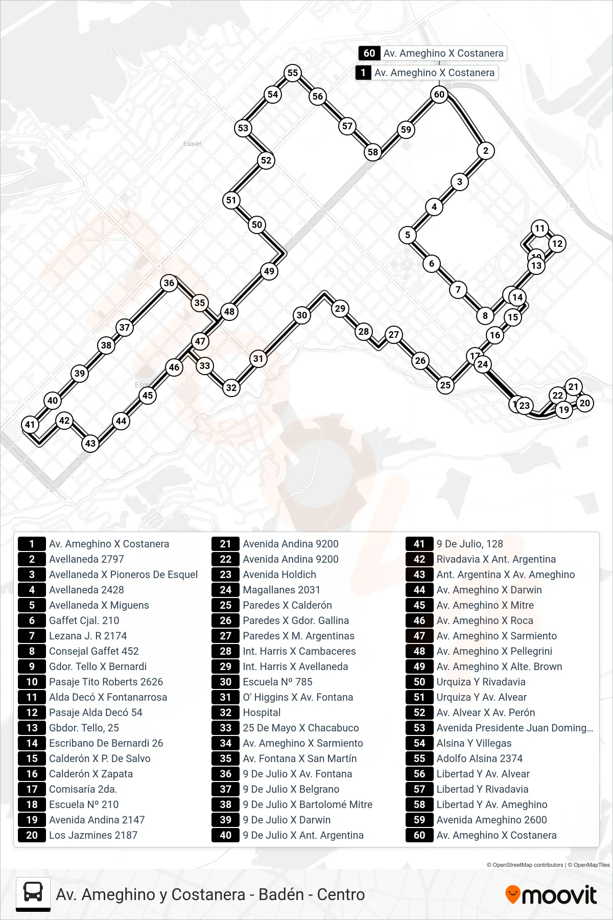2/3 bus Line (Av. Ameghino y Costanera - Badén - Centro) route and stops on a map