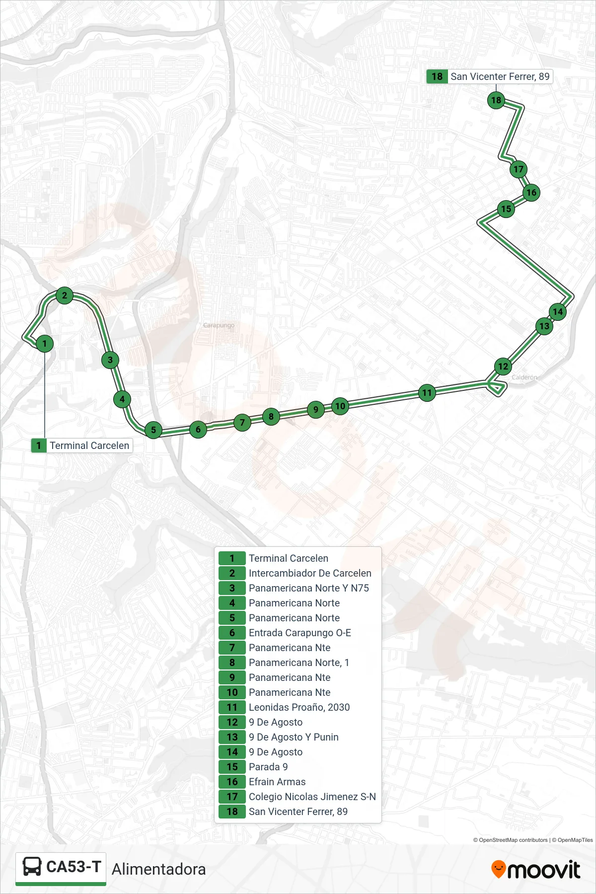 Recorrido y paradas de la línea CA53-T de autobús (Carlos Montilla) en el mapa
