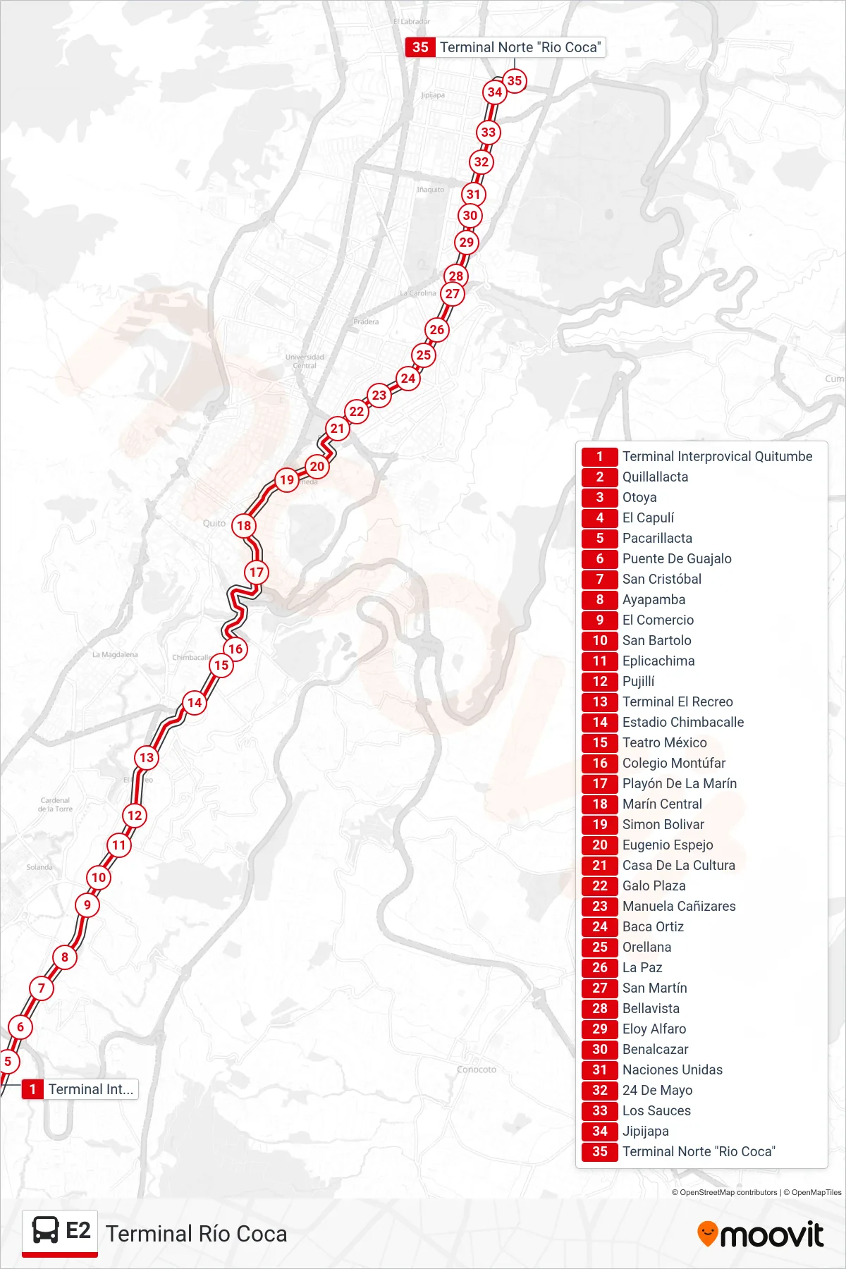 Recorrido y paradas de la línea E2 de autobús (Terminal Río Coca) en el mapa
