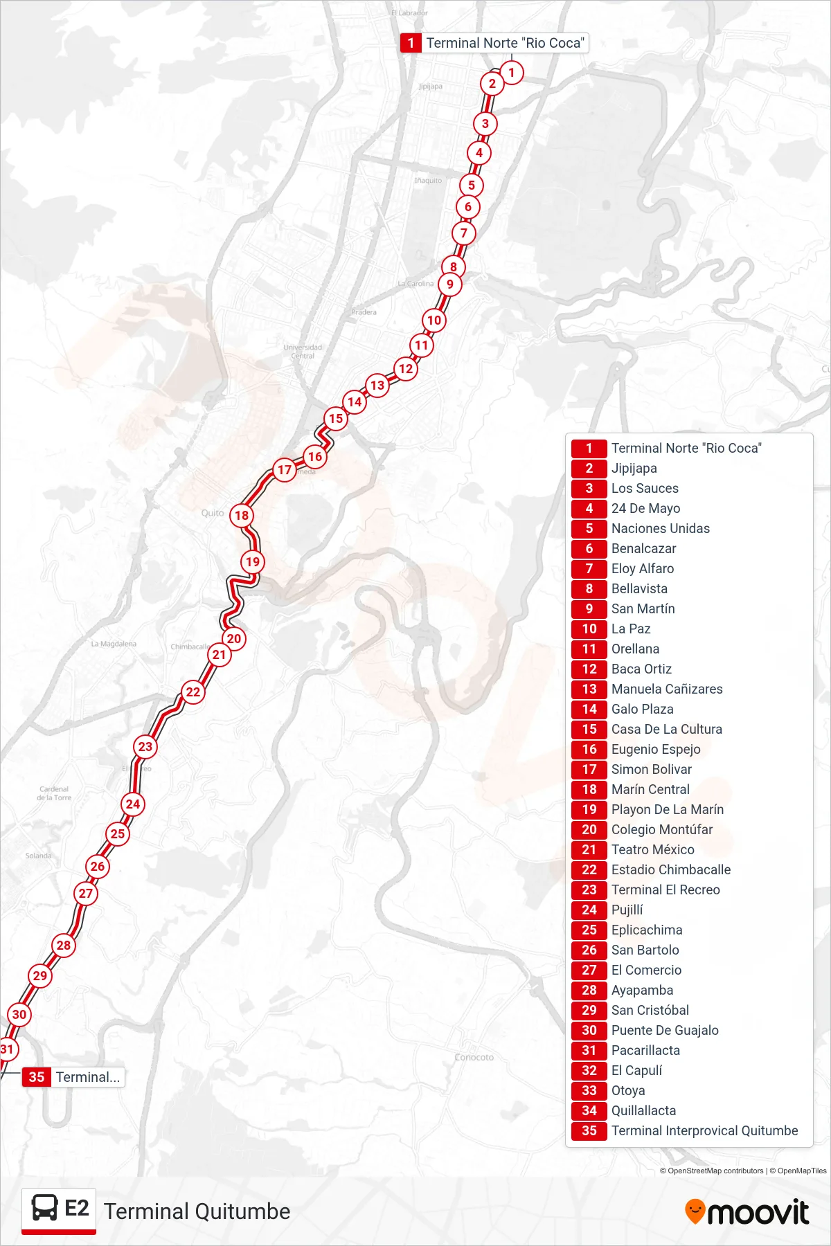 Recorrido y paradas de la línea E2 de autobús (Terminal Quitumbe) en el mapa