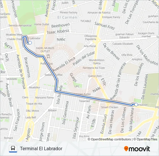 TERMINAL RÍO COCA - TERMINAL EL LABRADOR Bus Line Map