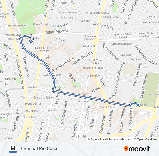 Mapa de TERMINAL RÍO COCA - TERMINAL EL LABRADOR de autobús