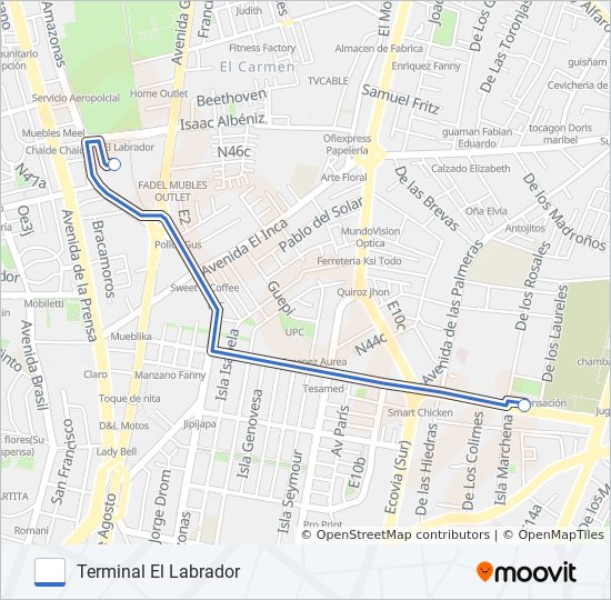 Mapa de TERMINAL RÍO COCA - TERMINAL EL LABRADOR de autobús