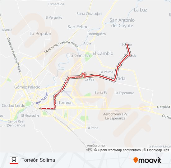 Mapa de TORREÓN-SOLIMA de autobús