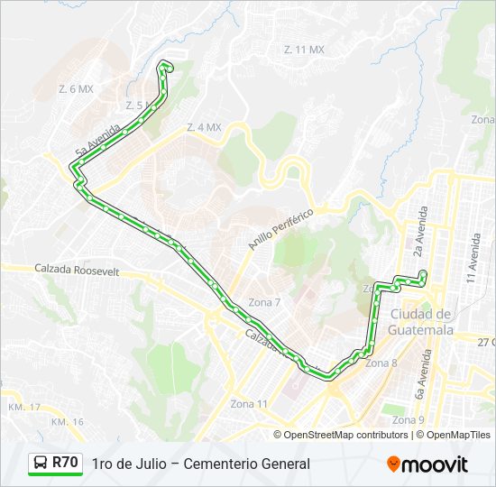 Mapa de R70 de autobús