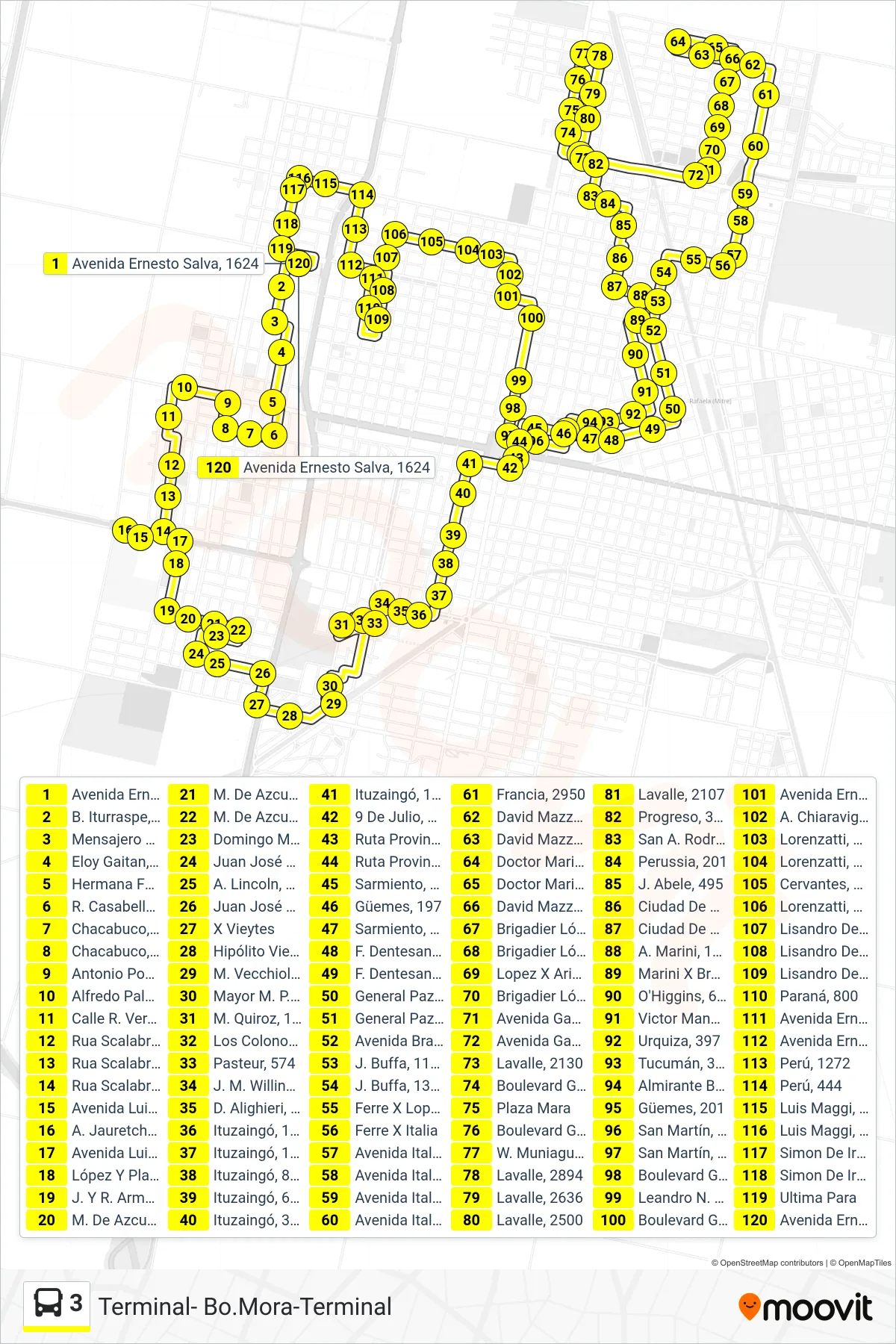 Recorrido y paradas de la línea 3 de autobús (Terminal- Bo.Mora-Terminal) en el mapa